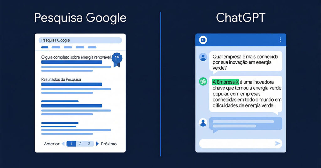 Imagem ilustrativa de como aparecer no ChatGPT. Comparando a diferença dos resultados de busca no Google e a citação de uma empresa no Chat GPT